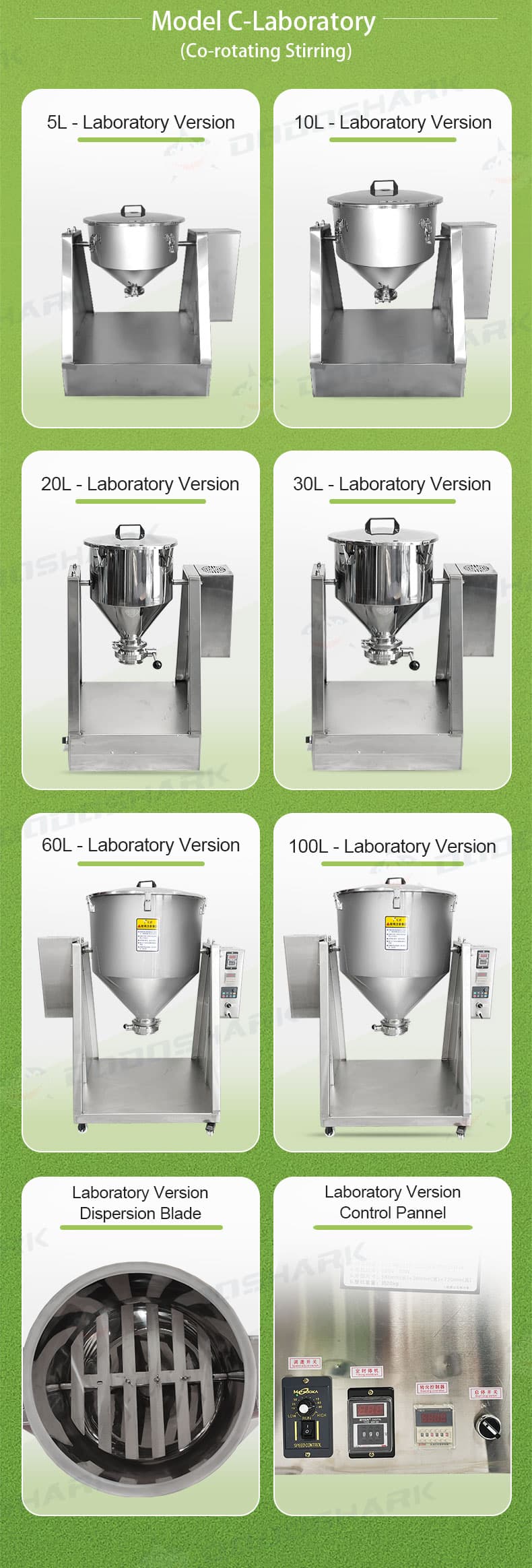 Mixer model C laboratory lineup from 5L to 100L