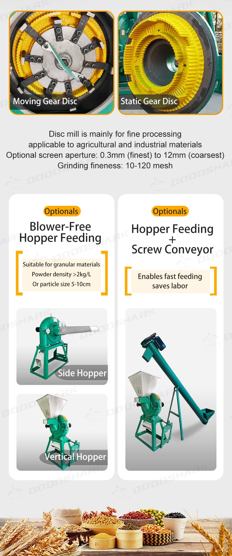 Claw and disc mill gear discs and feeding options comparison