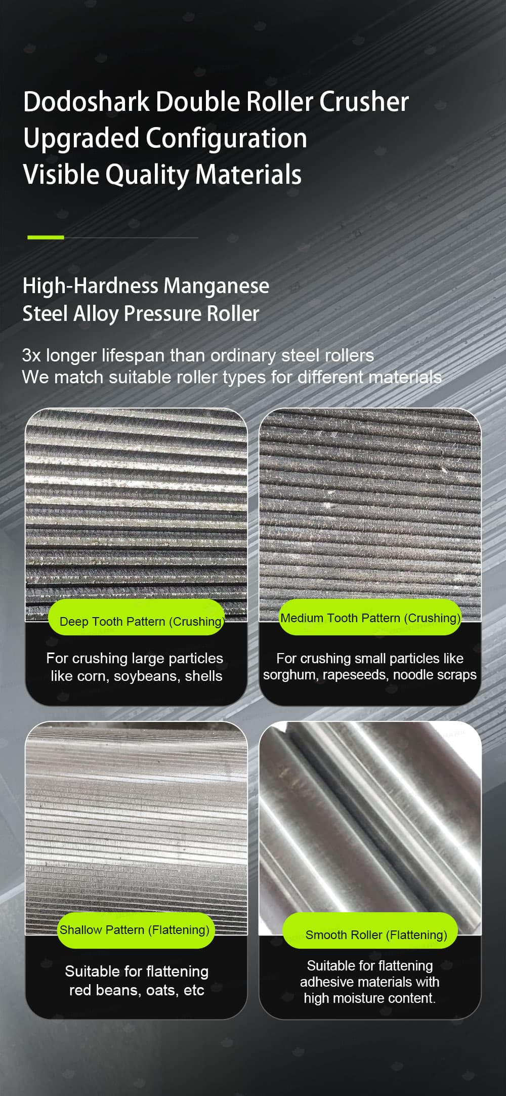 Double roller crusher alloy pressure roller tooth pattern comparison