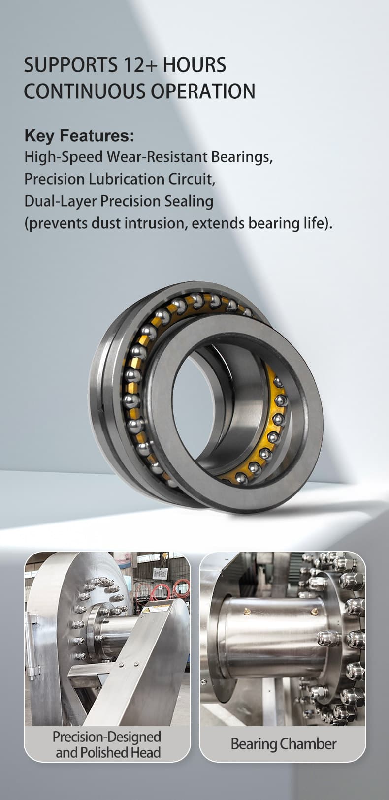 Bearing chamber and polished head details for continuous machine operation